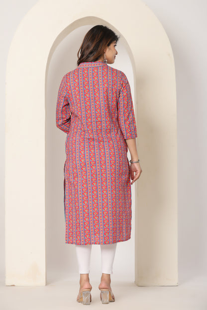 FLORAL STRIPE PRINT COTTON KURTI IN RED BY PLUSSIZE KURTI