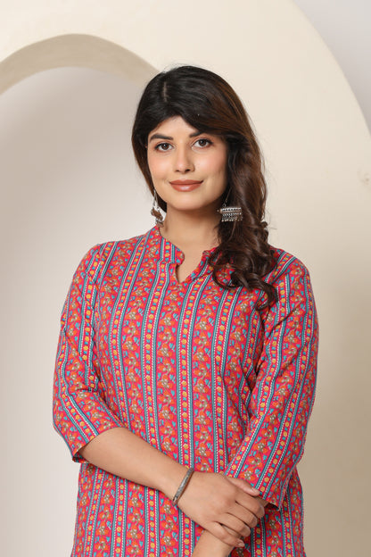 FLORAL STRIPE PRINT COTTON KURTI IN RED BY PLUSSIZE KURTI