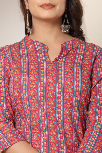 FLORAL STRIPE PRINT COTTON KURTI IN RED BY PLUSSIZE KURTI