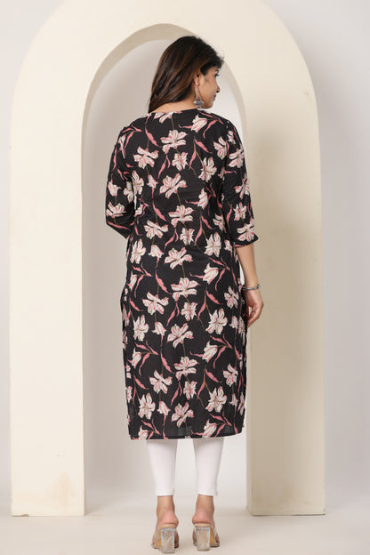 FLORAL PRINT COTTON KURTI IN BLACK BY PLUSSIZE KURTI