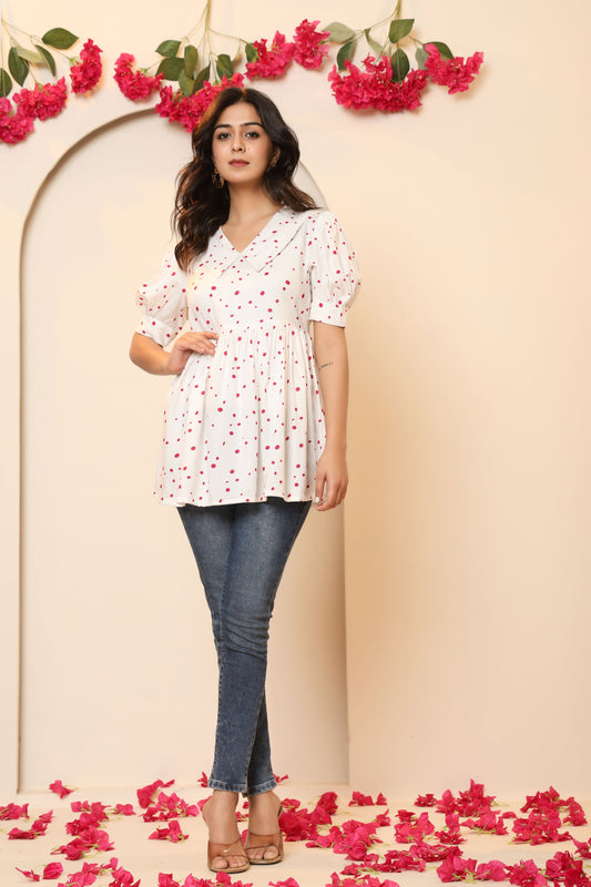 POLKA DOT PRINT COTTON TUNIC IN WHITE BY PLUSSIZEKURTI