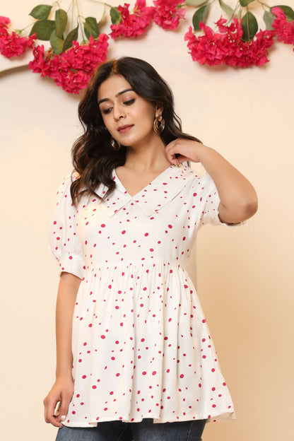 POLKA DOT PRINT COTTON TUNIC IN WHITE BY PLUSSIZEKURTI