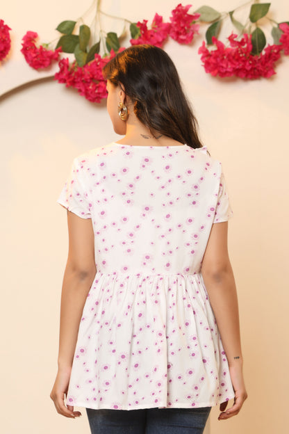 FLORAL PRINT COTTON TUNIC IN WHITE BY PLUSSIZEKURTI