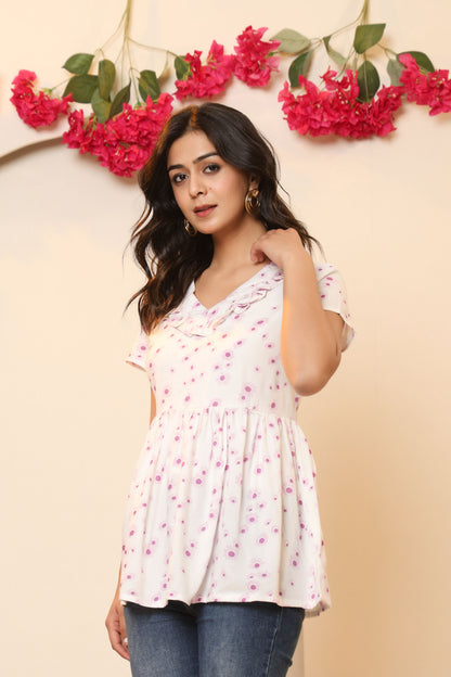 FLORAL PRINT COTTON TUNIC IN WHITE BY PLUSSIZEKURTI