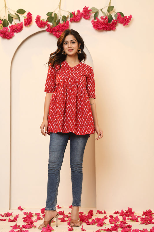 PAISLEY MOTIF PRINT COTTON TUNIC IN RED RUST BY PLUSSIZEKURTI