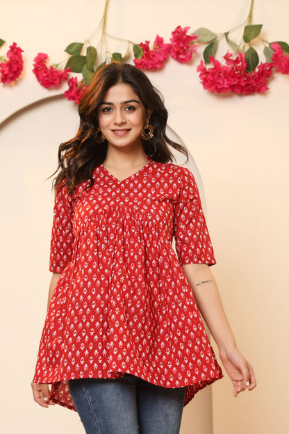 PAISLEY MOTIF PRINT COTTON TUNIC IN RED RUST BY PLUSSIZEKURTI