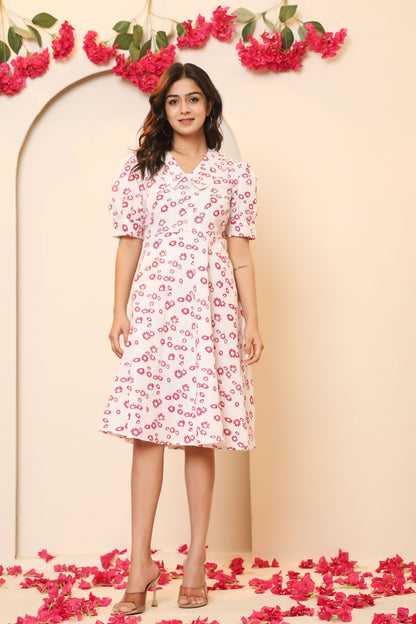 DAISY FLORAL PRINT A-LINE COTTON DRESS IN WHITE BY PLUSSIZEKURTI
