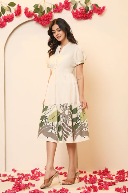 LEAFY FLORAL PRINT A-LINE COTTON FLEX DRESS IN BEIGE BY PLUSSIZEKURTI
