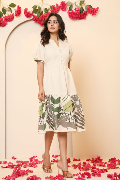 LEAFY FLORAL PRINT A-LINE COTTON FLEX DRESS IN BEIGE BY PLUSSIZEKURTI