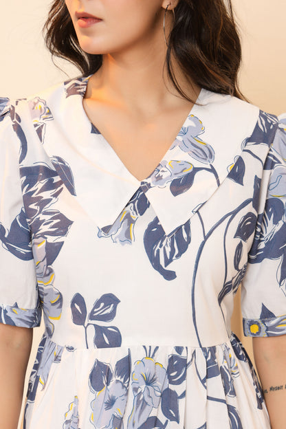 FLORAL PRINT A-LINE COTTON DRESS IN WHITE/BLUE BY PLUSSIZEKURTI