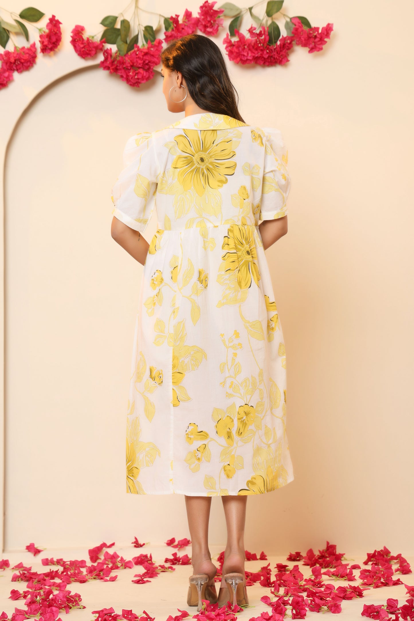 FLORAL PRINT A-LINE COTTON DRESS IN WHITE/YELLOW BY PLUSSIZEKURTI
