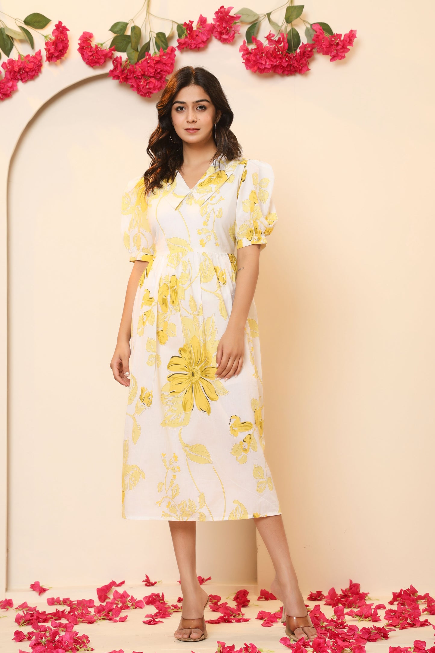 FLORAL PRINT A-LINE COTTON DRESS IN WHITE/YELLOW BY PLUSSIZEKURTI