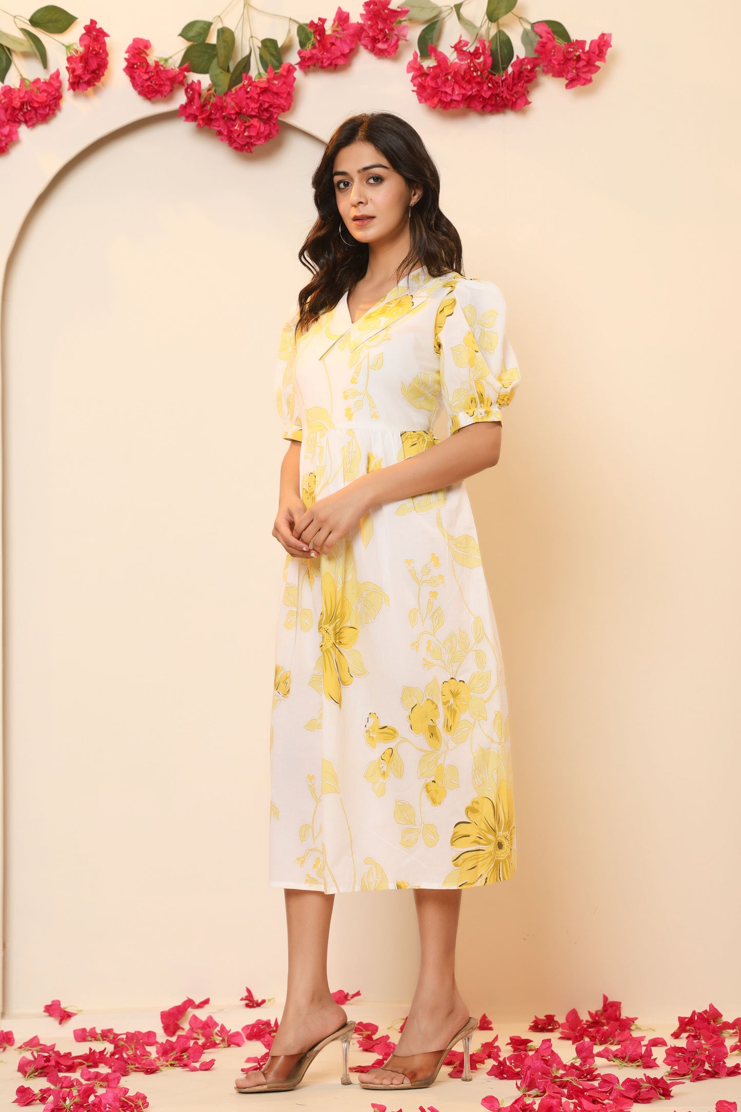 FLORAL PRINT A-LINE COTTON DRESS IN WHITE/YELLOW BY PLUSSIZEKURTI
