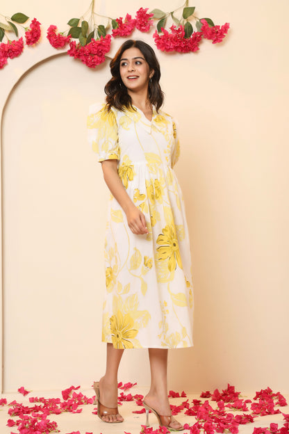 FLORAL PRINT A-LINE COTTON DRESS IN WHITE/YELLOW BY PLUSSIZEKURTI
