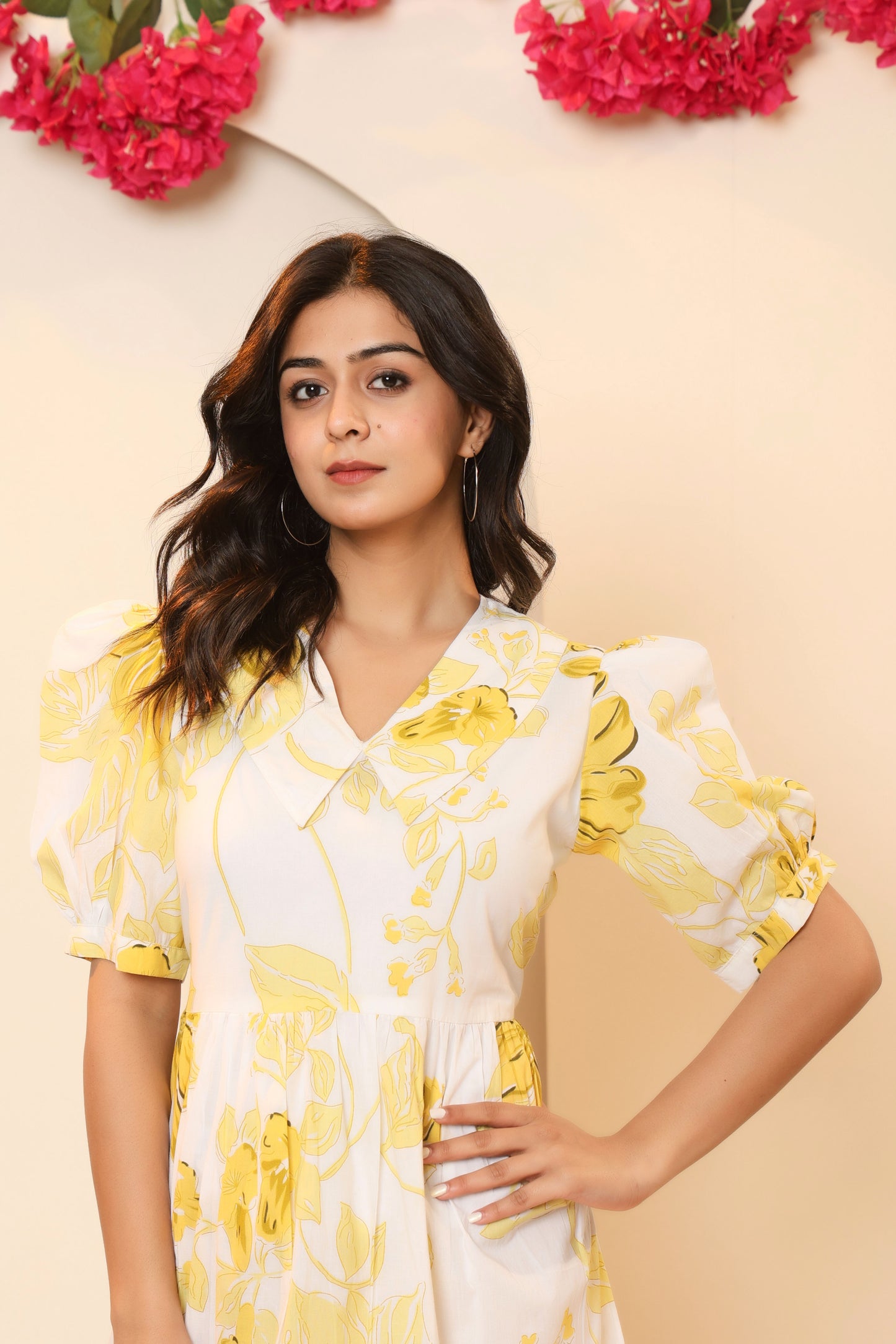 FLORAL PRINT A-LINE COTTON DRESS IN WHITE/YELLOW BY PLUSSIZEKURTI