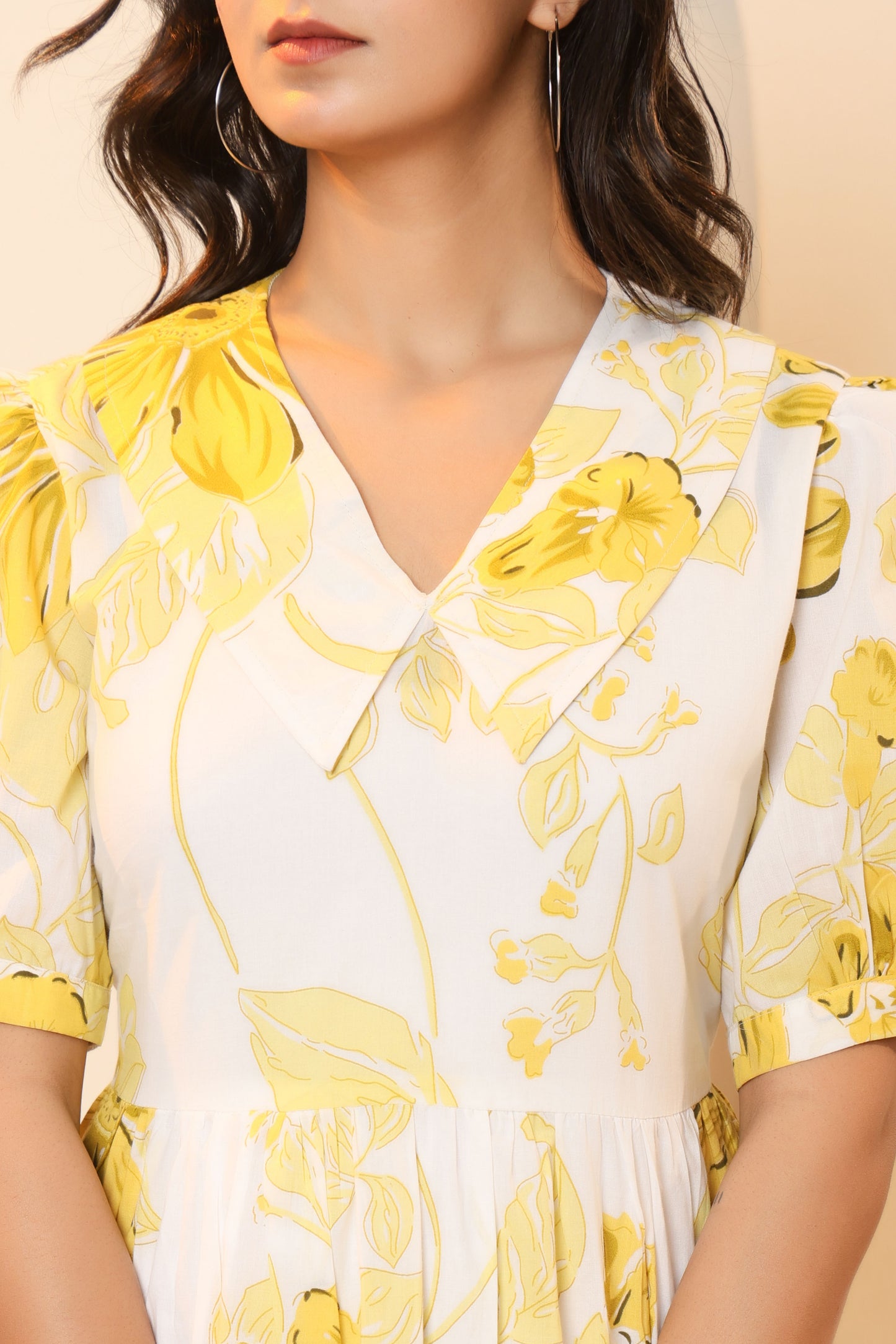 FLORAL PRINT A-LINE COTTON DRESS IN WHITE/YELLOW BY PLUSSIZEKURTI