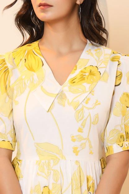 FLORAL PRINT A-LINE COTTON DRESS IN WHITE/YELLOW BY PLUSSIZEKURTI