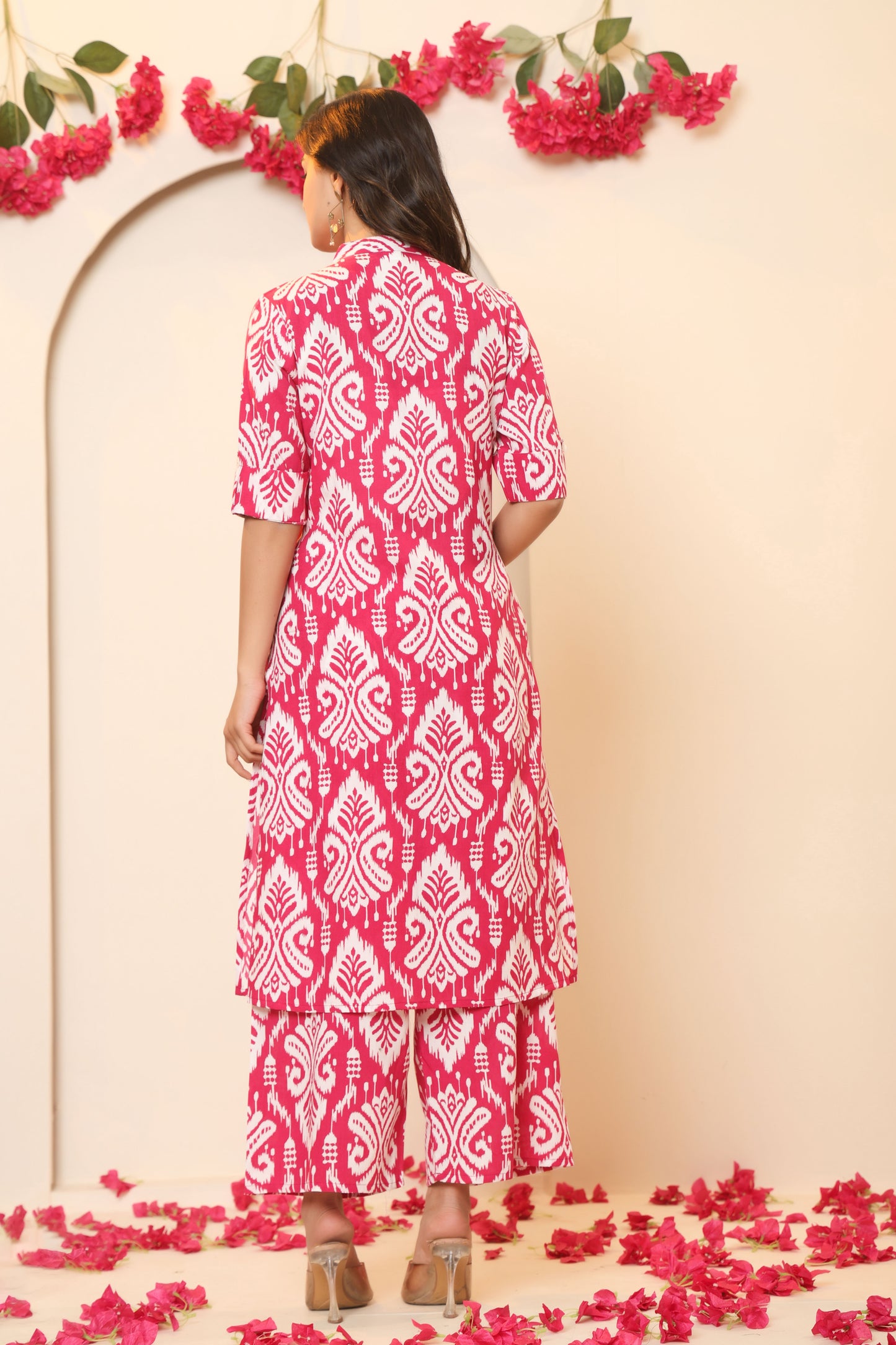 IKAT PRINT COTTON 2 PEICE KURTI PLAZZO SET IN RANIPINK BY PLUSSIZEKURTI