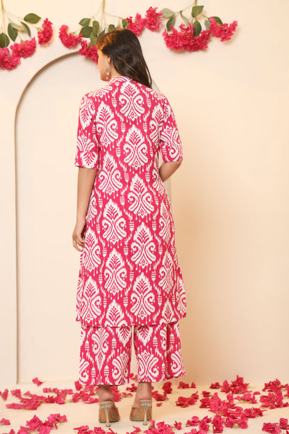 IKAT PRINT COTTON 2 PEICE KURTI PLAZZO SET IN RANIPINK BY PLUSSIZEKURTI