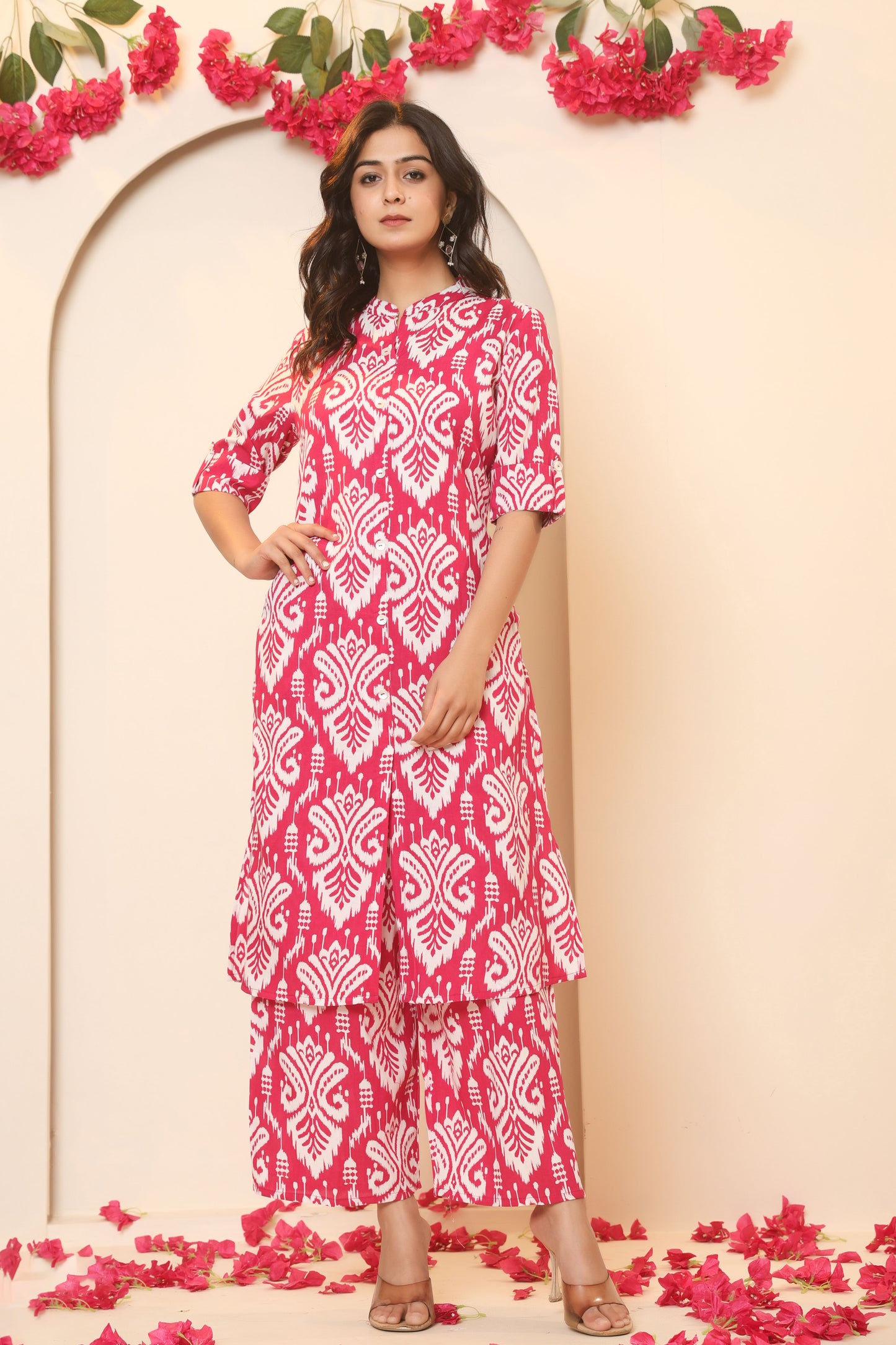 IKAT PRINT COTTON 2 PEICE KURTI PLAZZO SET IN RANIPINK BY PLUSSIZEKURTI