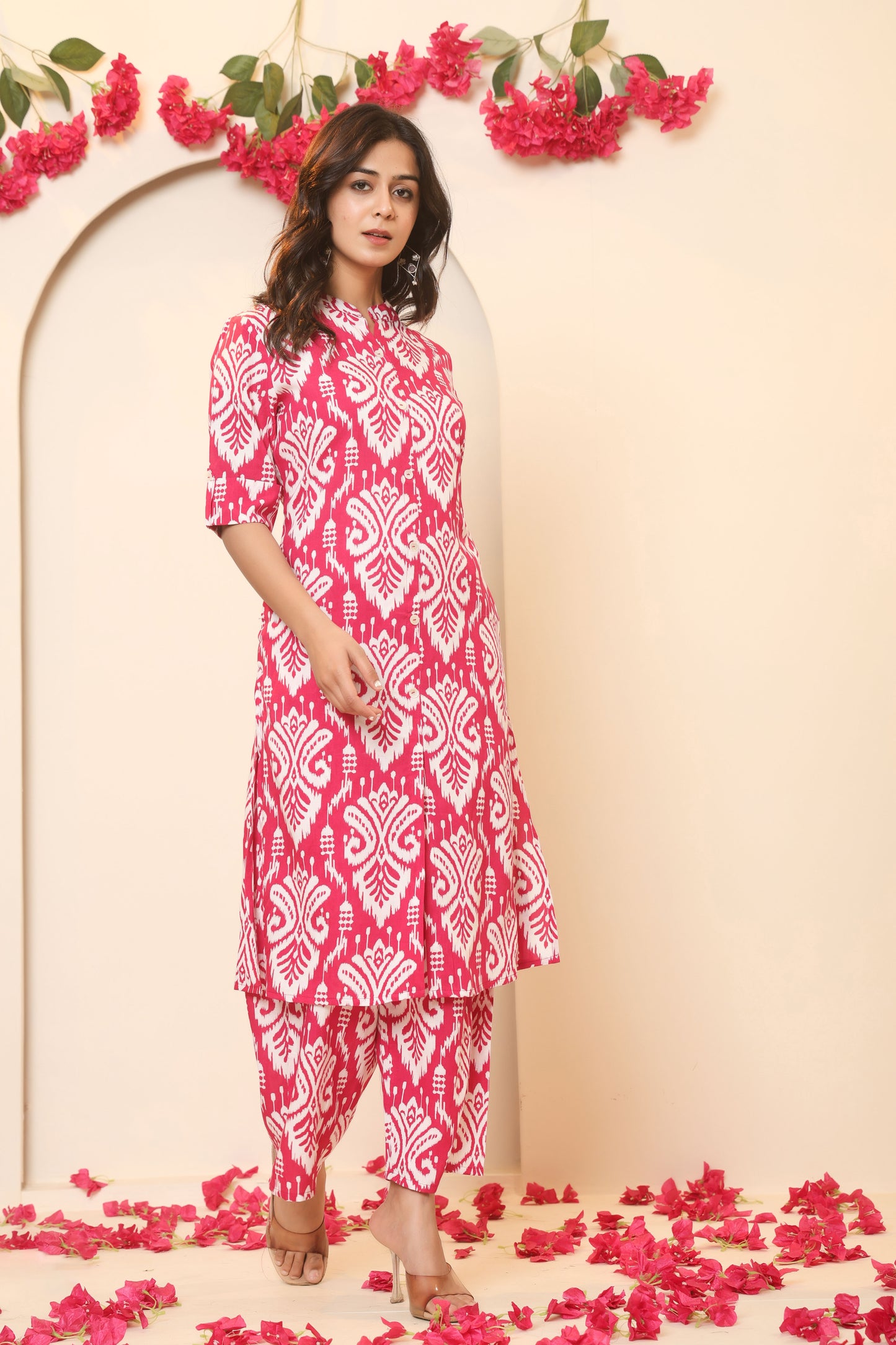 IKAT PRINT COTTON 2 PEICE KURTI PLAZZO SET IN RANIPINK BY PLUSSIZEKURTI