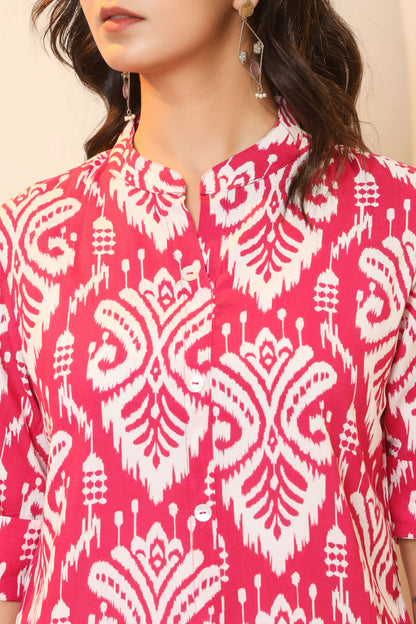 IKAT PRINT COTTON 2 PEICE KURTI PLAZZO SET IN RANIPINK BY PLUSSIZEKURTI
