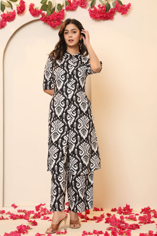 IKAT PRINT COTTON 2 PEICE KURTI PLAZZO SET IN BLACK BY PLUSSIZEKURTI