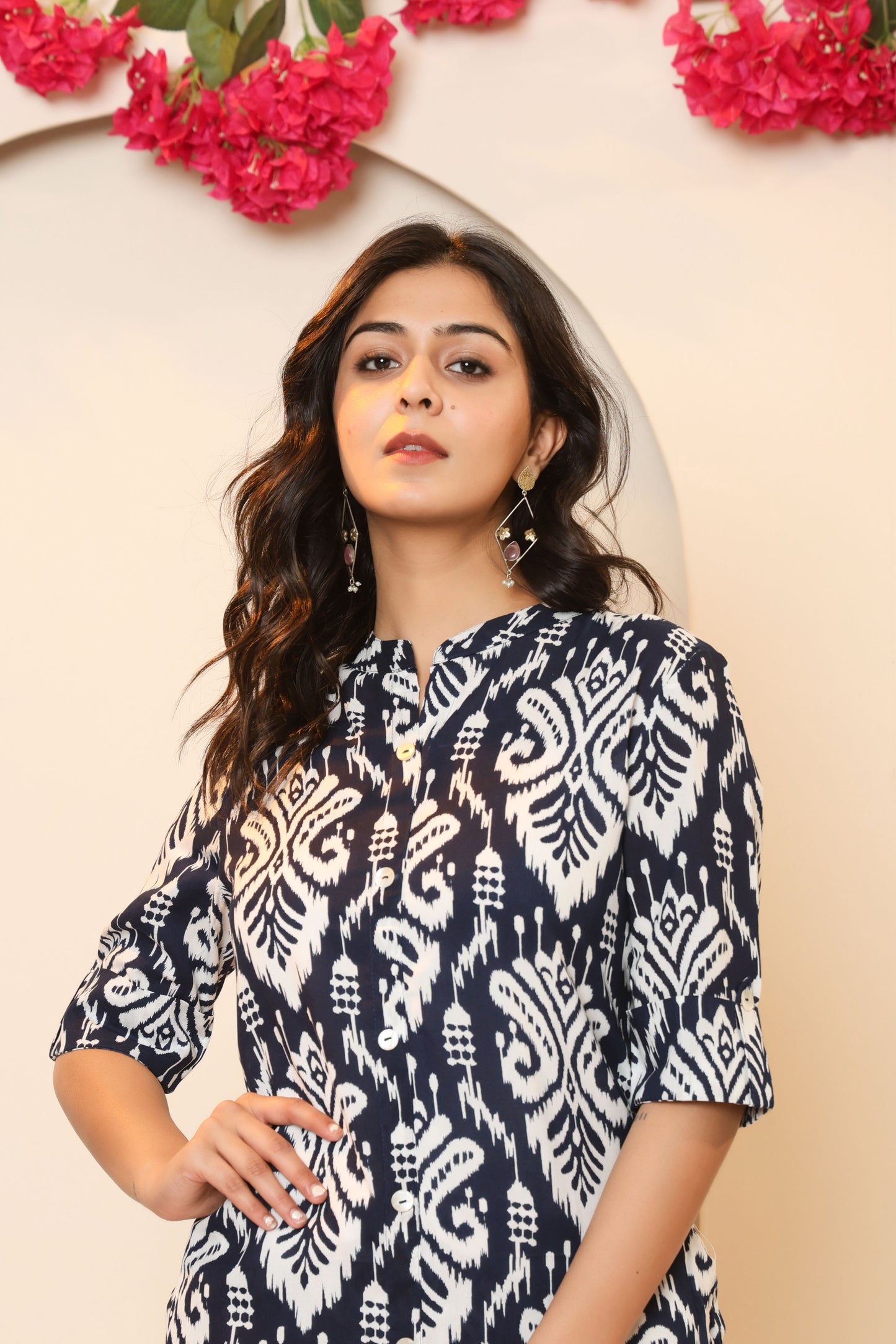 IKAT PRINT COTTON 2 PEICE KURTI PLAZZO SET IN NAVYBLUE BY PLUSSIZEKURTI