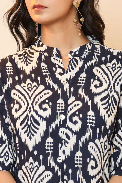 IKAT PRINT COTTON 2 PEICE KURTI PLAZZO SET IN NAVYBLUE BY PLUSSIZEKURTI