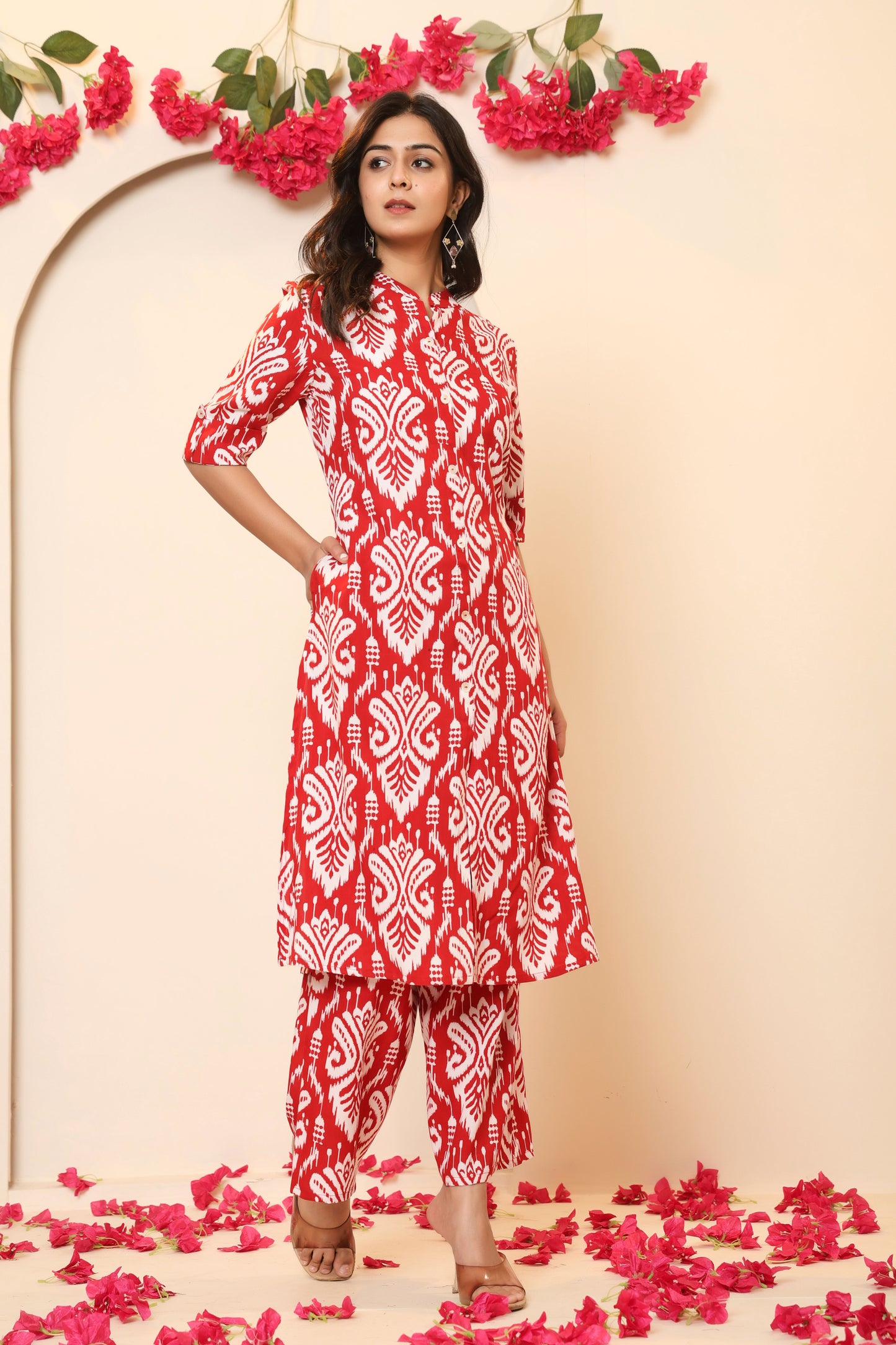 IKAT PRINT COTTON 2 PEICE KURTI PLAZZO SET IN RED BY PLUSSIZEKURTI