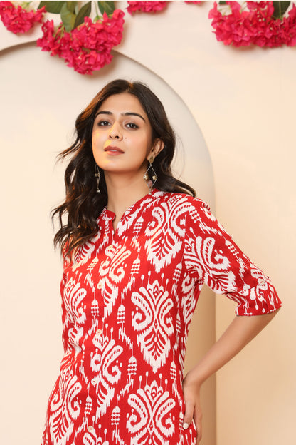 IKAT PRINT COTTON 2 PEICE KURTI PLAZZO SET IN RED BY PLUSSIZEKURTI