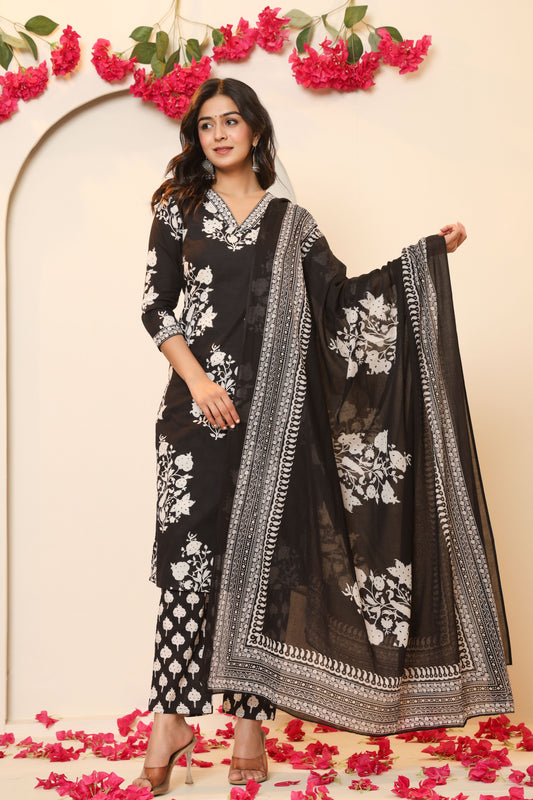BAGRU HANDBLOCK PRINT COTTON 3 PEICE KURTI PANT SET IN BLACK BY PLUSSIZEKURTI