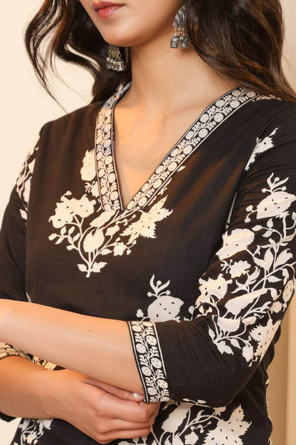 BAGRU HANDBLOCK PRINT COTTON 3 PEICE KURTI PANT SET IN BLACK BY PLUSSIZEKURTI