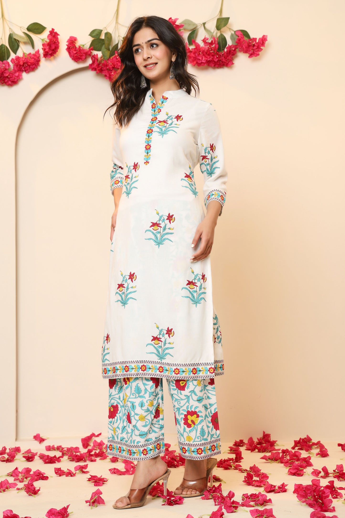 MUGHAL PRINT COTTON 3 PEICE KURTI PLAZZO SET IN WHITE/SKYBLUE BY PLUSSIZEKURTI