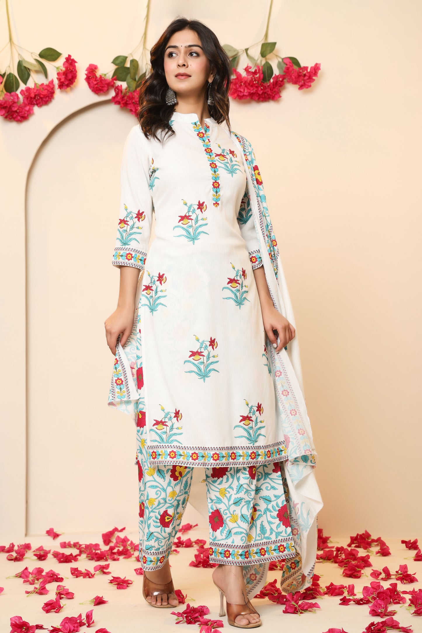 MUGHAL PRINT COTTON 3 PEICE KURTI PLAZZO SET IN WHITE/SKYBLUE BY PLUSSIZEKURTI