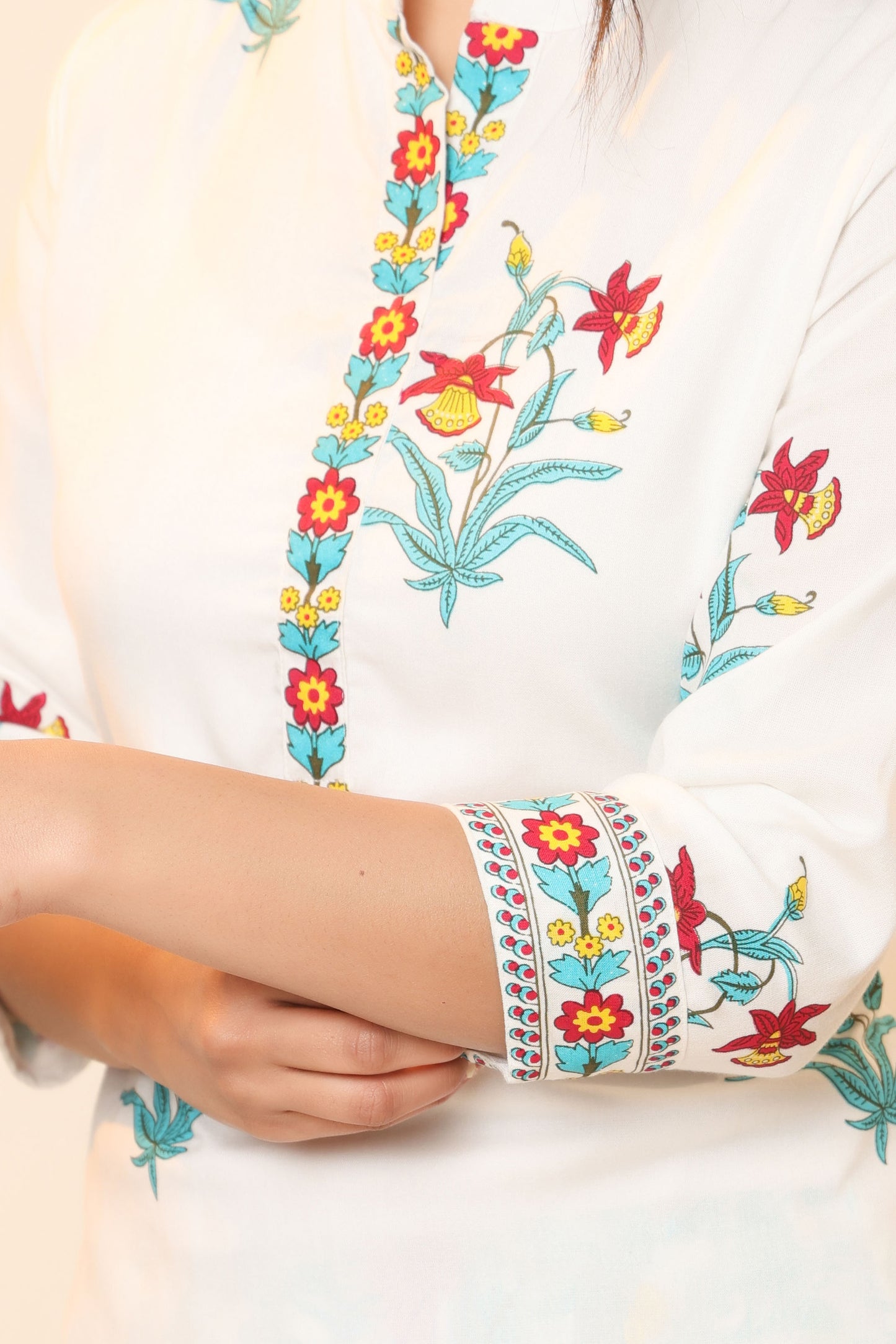 MUGHAL PRINT COTTON 3 PEICE KURTI PLAZZO SET IN WHITE/SKYBLUE BY PLUSSIZEKURTI