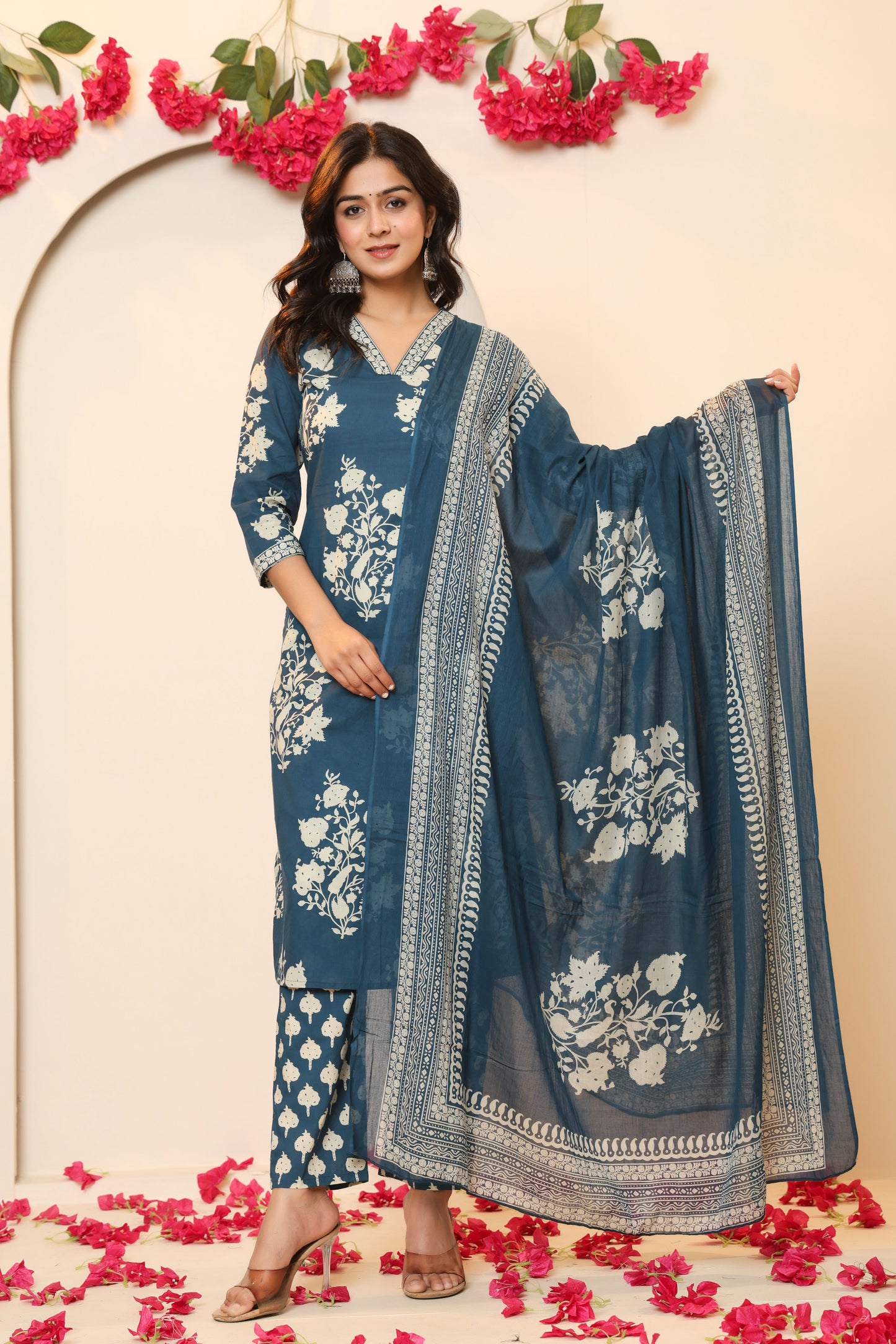 BAGRU HANDBLOCK PRINT COTTON 3 PEICE KURTI PANT SET IN TEALBLUE BY PLUSSIZEKURTI