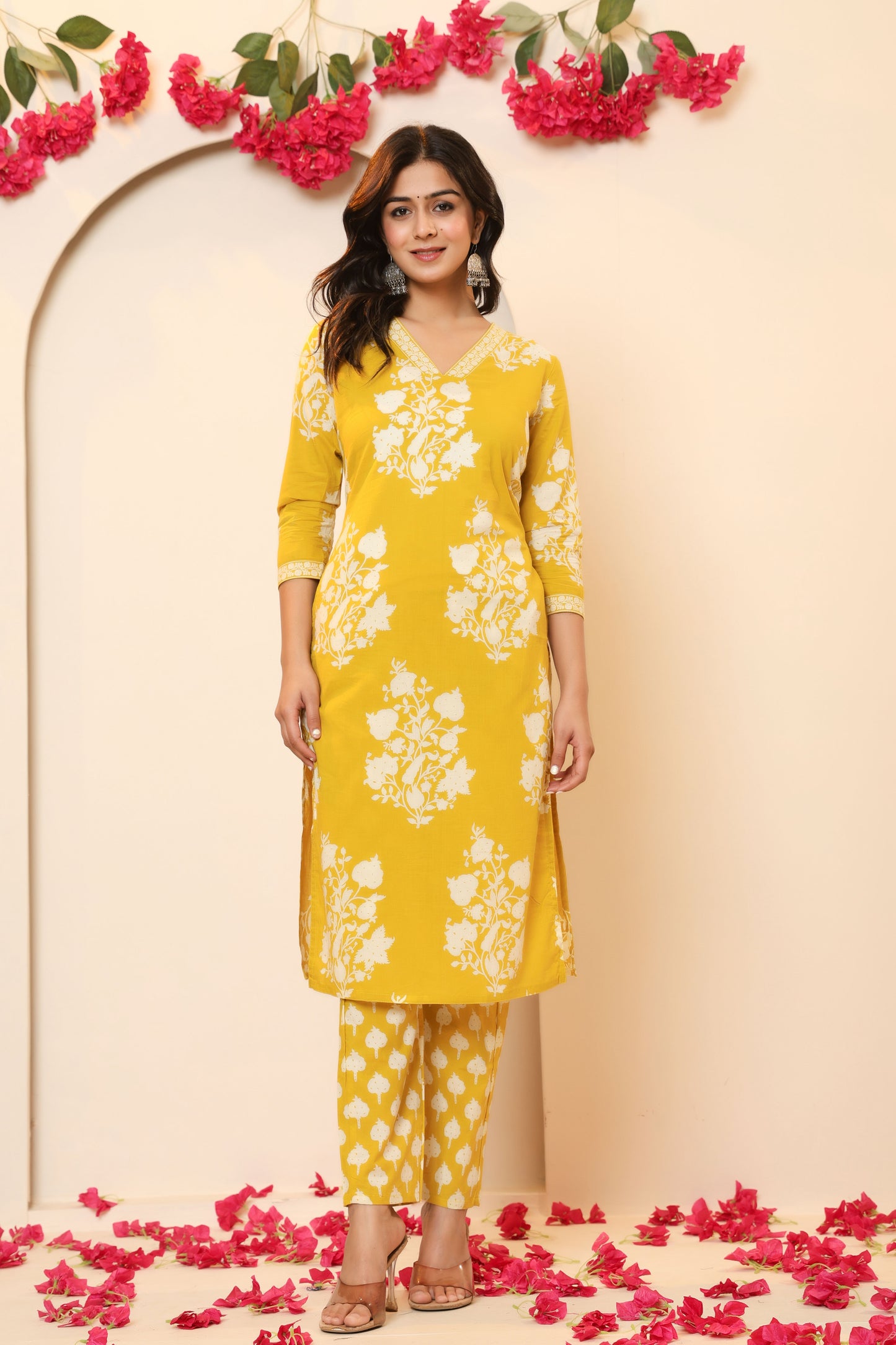 BAGRU HANDBLOCK PRINT COTTON 3 PEICE KURTI PANT SET IN YELLOW BY PLUSSIZEKURTI
