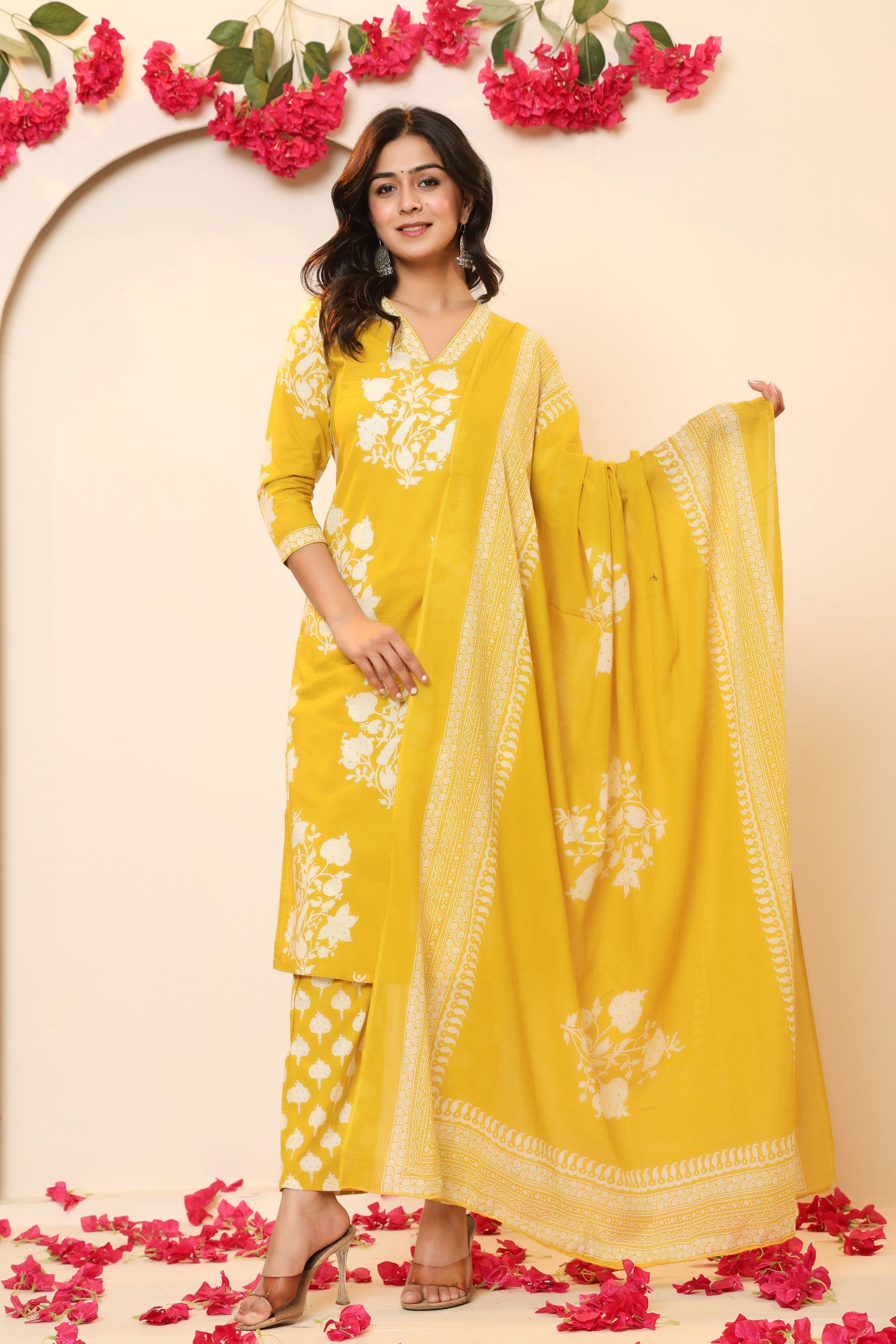 BAGRU HANDBLOCK PRINT COTTON 3 PEICE KURTI PANT SET IN YELLOW BY PLUSSIZEKURTI