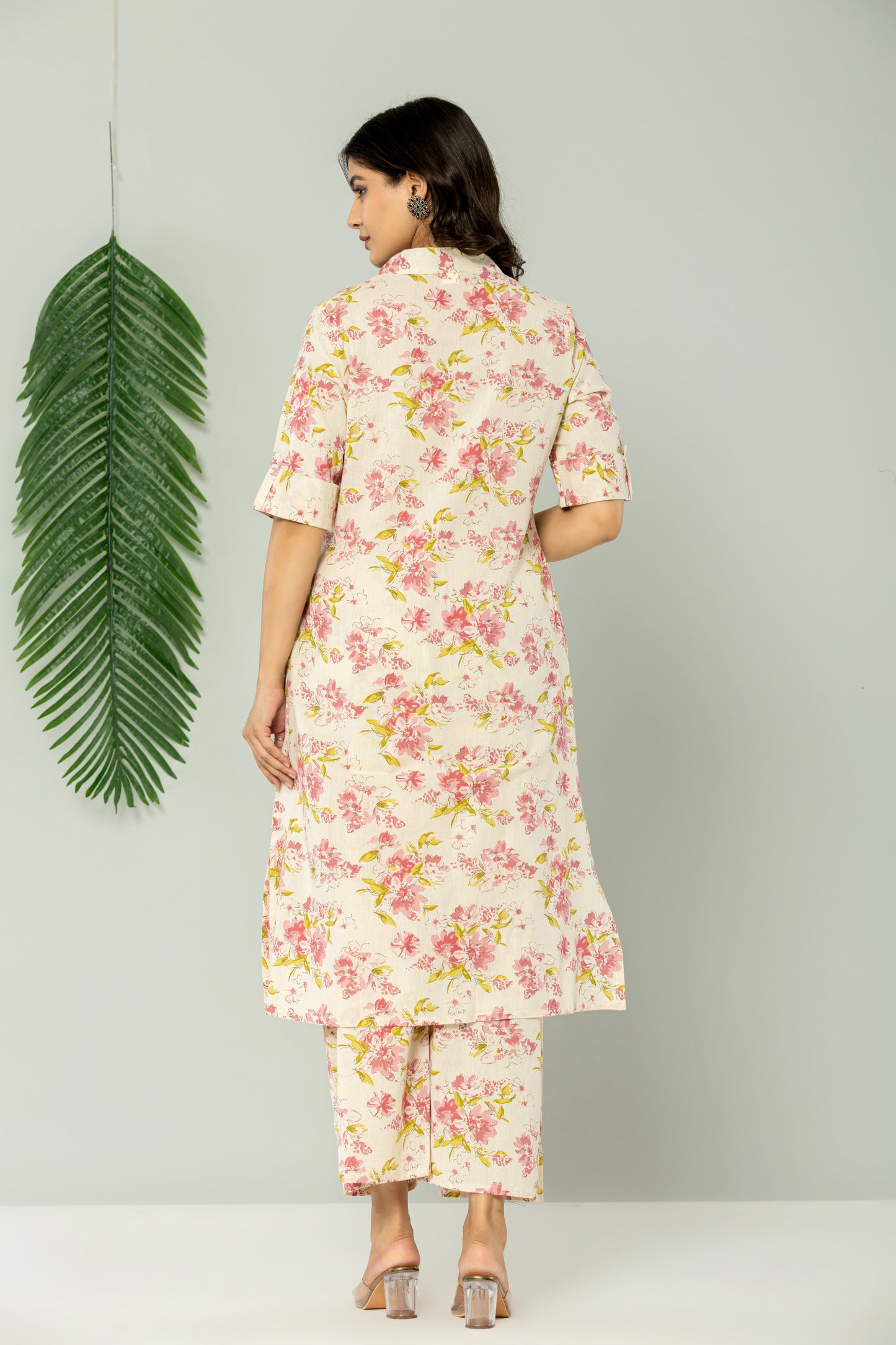 FLORAL PRINT COTTON FLEX 2 PEICE KURTI PLAZZO SET IN CREAM/PINK BY PLUSSIZEKURTI