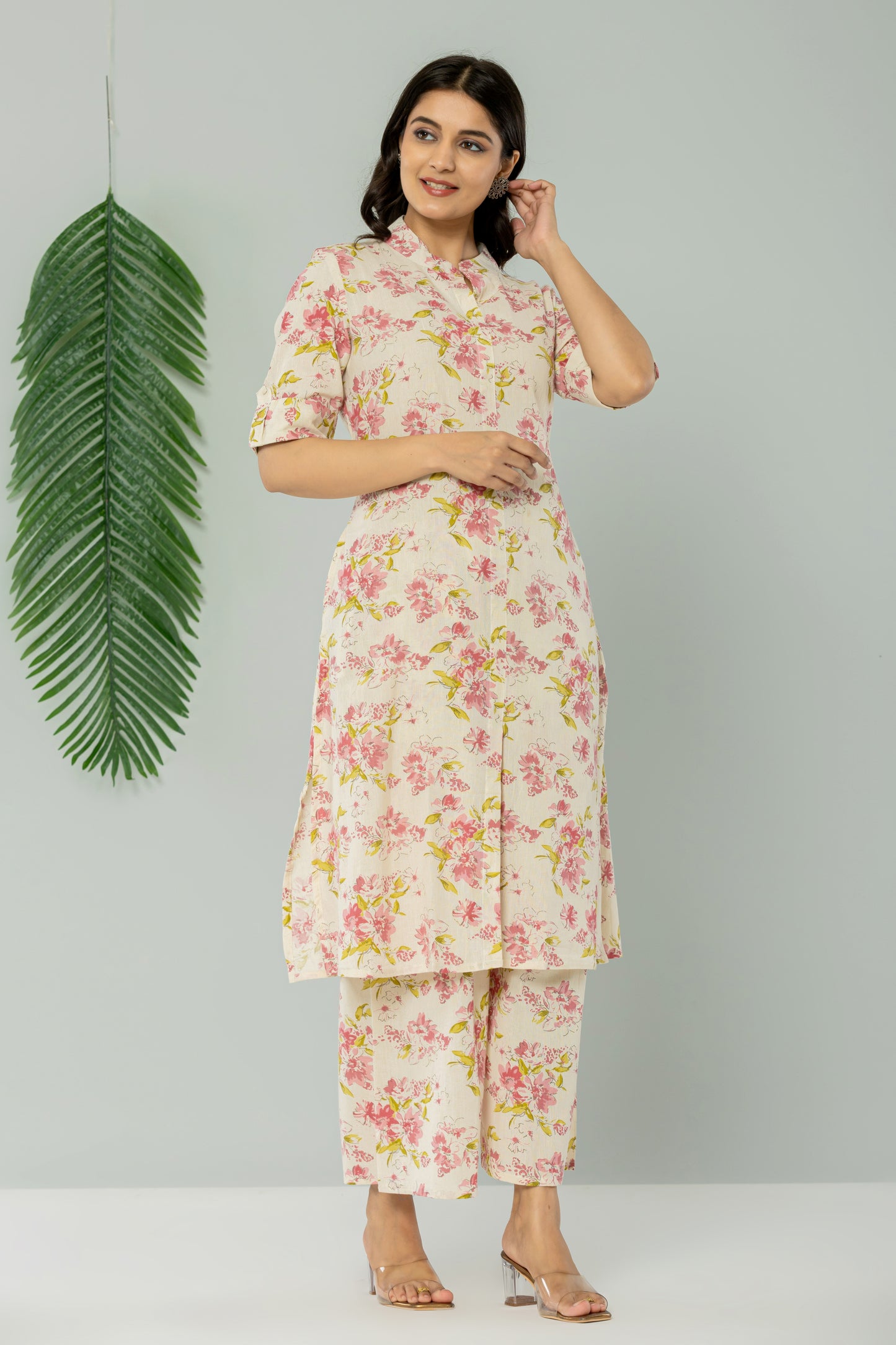 FLORAL PRINT COTTON FLEX 2 PEICE KURTI PLAZZO SET IN CREAM/PINK BY PLUSSIZEKURTI