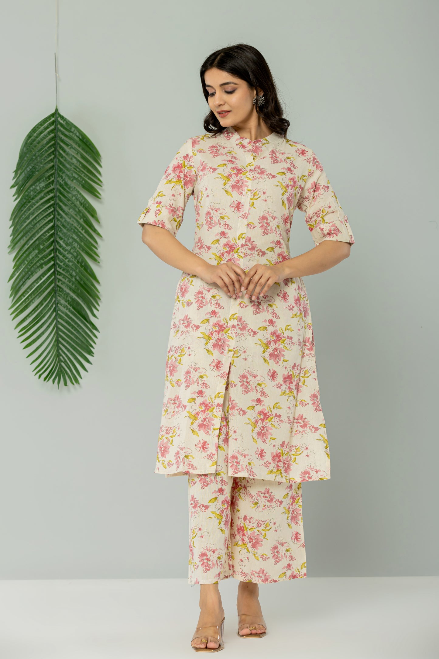FLORAL PRINT COTTON FLEX 2 PEICE KURTI PLAZZO SET IN CREAM/PINK BY PLUSSIZEKURTI