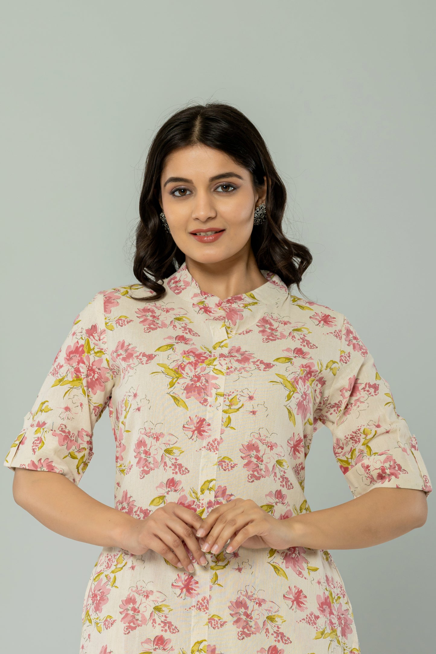 FLORAL PRINT COTTON FLEX 2 PEICE KURTI PLAZZO SET IN CREAM/PINK BY PLUSSIZEKURTI