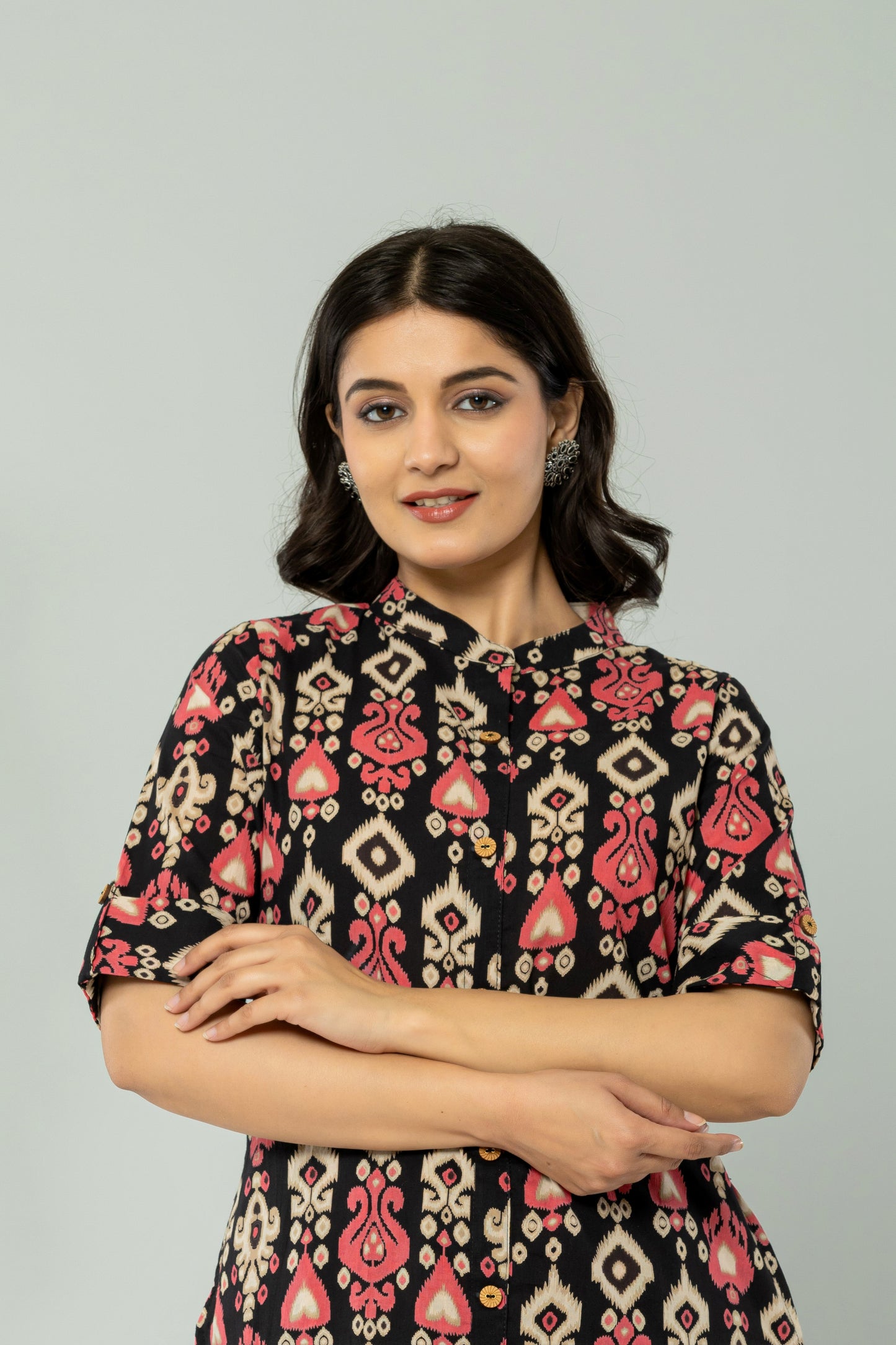 IKAT PRINT COTTON 2 PEICE KURTI PLAZZO SET IN BLACK BY PLUSSIZEKURTI