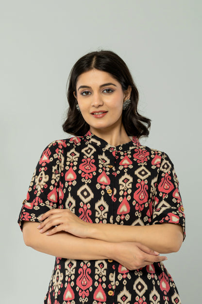 IKAT PRINT COTTON 2 PEICE KURTI PLAZZO SET IN BLACK BY PLUSSIZEKURTI
