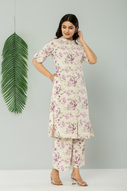 FLORAL PRINT COTTON FLEX 2 PEICE KURTI PLAZZO SET IN CREAM/LAVENDER BY PLUSSIZEKURTI