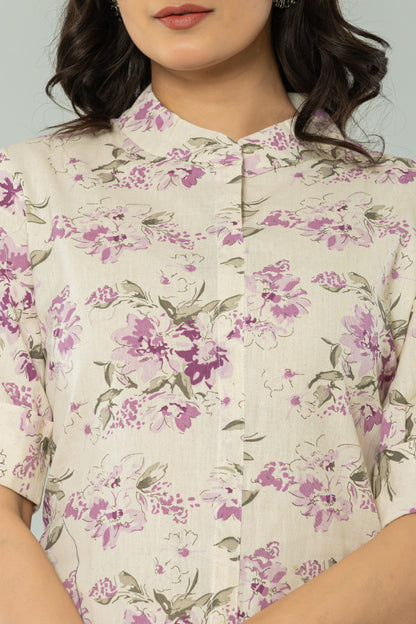 FLORAL PRINT COTTON FLEX 2 PEICE KURTI PLAZZO SET IN CREAM/LAVENDER BY PLUSSIZEKURTI
