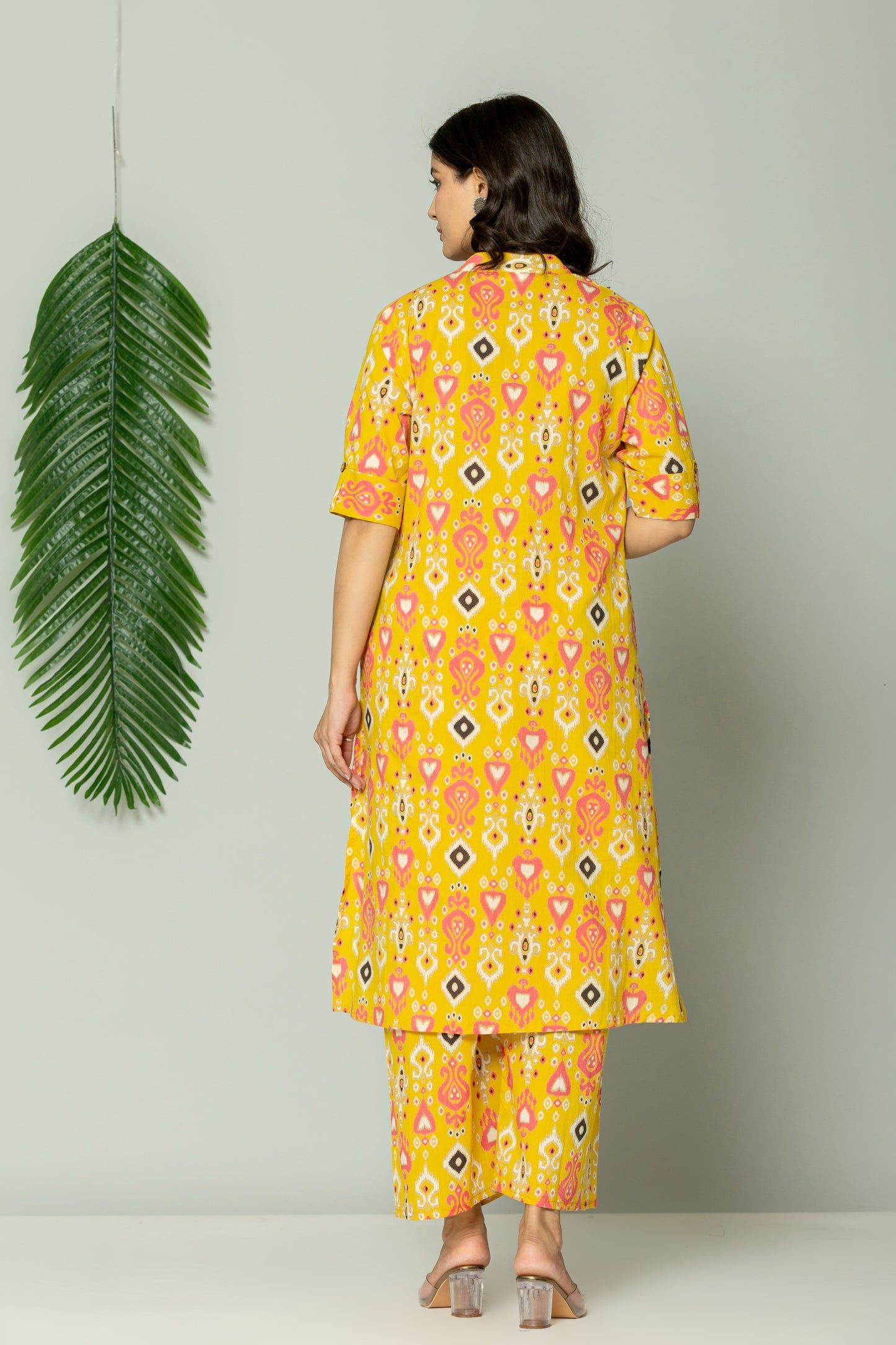 IKAT PRINT COTTON 2 PEICE KURTI PLAZZO SET IN YELLOW BY PLUSSIZEKURTI