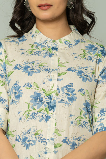 FLORAL PRINT COTTON FLEX 2 PEICE KURTI PLAZZO SET IN CREAM/BLUE BY PLUSSIZEKURTI