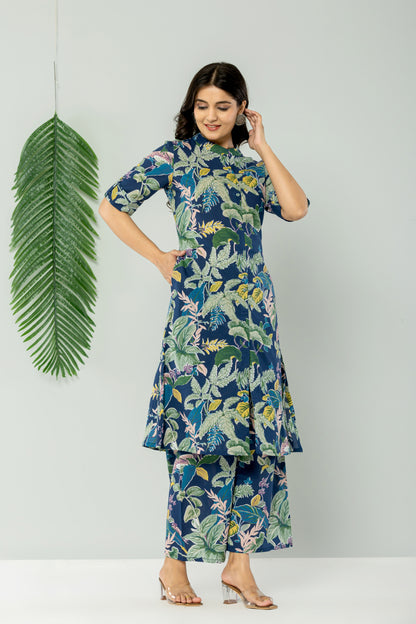 JUNGLE PRINT COTTON 2 PEICE KURTI PLAZZO SET IN BLUE BY PLUSSIZEKURTI